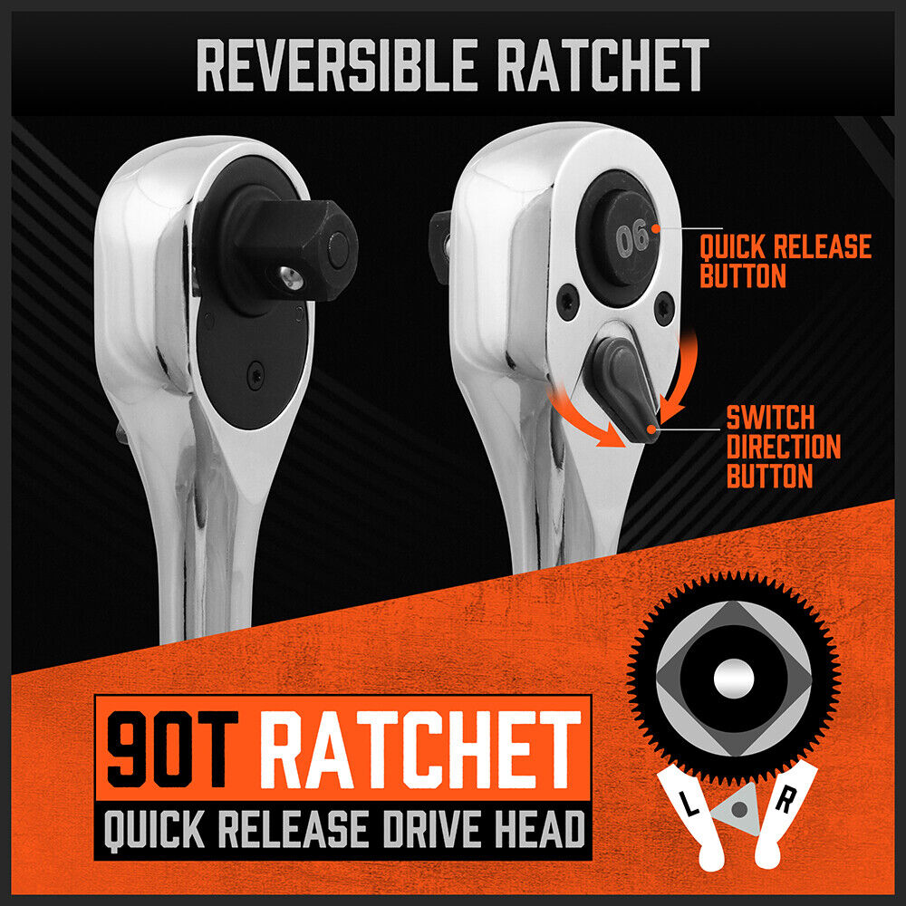Mini Ratchet Spanner 1/2 3/8 1/4 Drive 90 Tooth Extension Bar Workshop With Bag 6