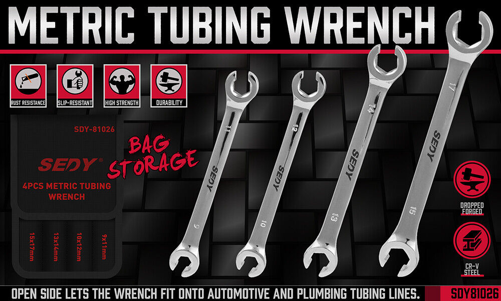 SEDY 4Pc Flare Nut Wrench Set Offset End Spanner Metric CR-V Steel Storage Pouch 3