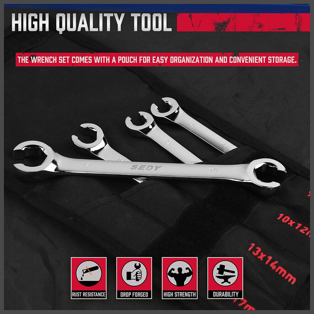 SEDY 4Pc Flare Nut Wrench Set Offset End Spanner Metric CR-V Steel Storage Pouch 8