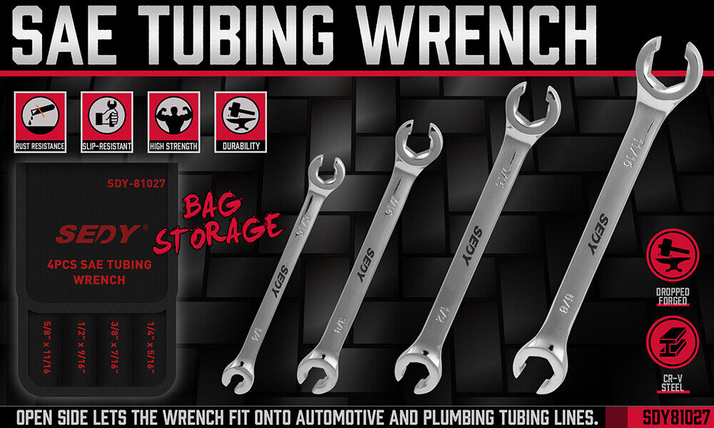 SEDY 4Pc Flare Nut Spanner Set SAE Brake Line Wrench Offset Head Organizer Pouch 3