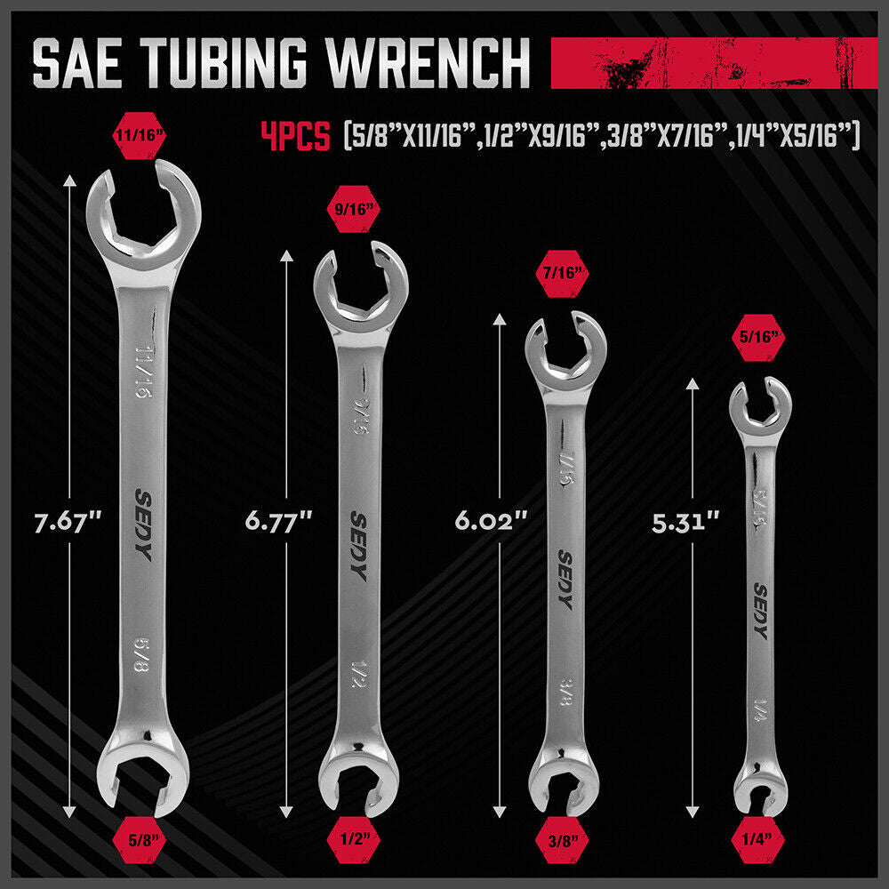 SEDY 4Pc Flare Nut Spanner Set SAE Brake Line Wrench Offset Head Organizer Pouch 4