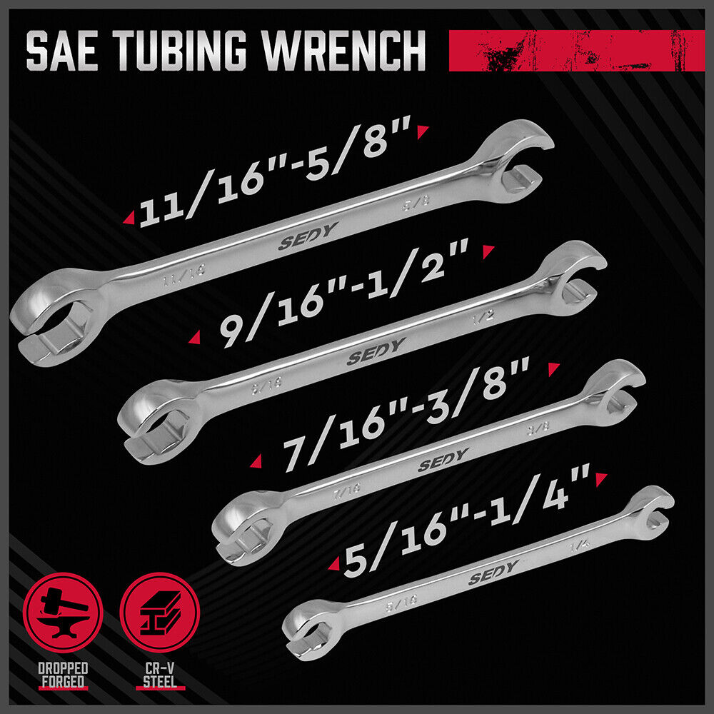 SEDY 4Pc Flare Nut Spanner Set SAE Brake Line Wrench Offset Head Organizer Pouch 5