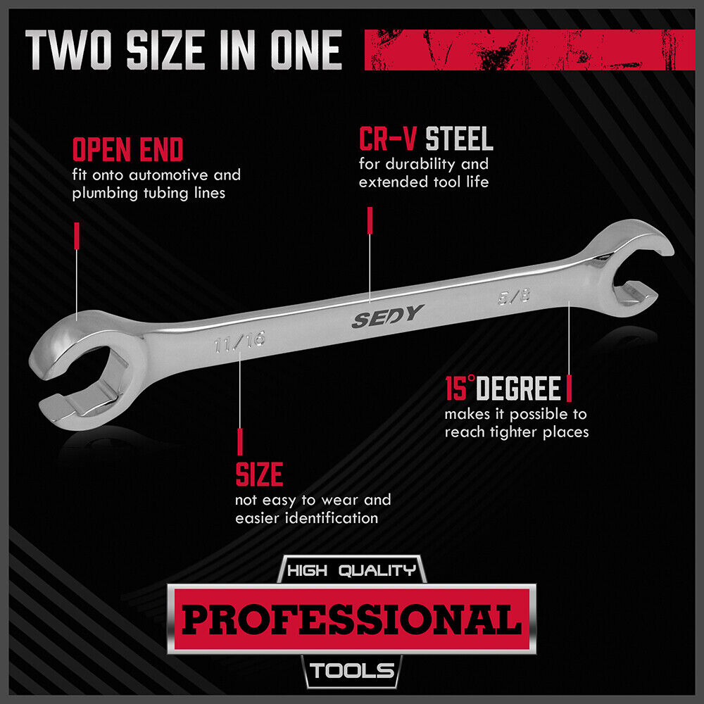 SEDY 4Pc Flare Nut Spanner Set SAE Brake Line Wrench Offset Head Organizer Pouch 6