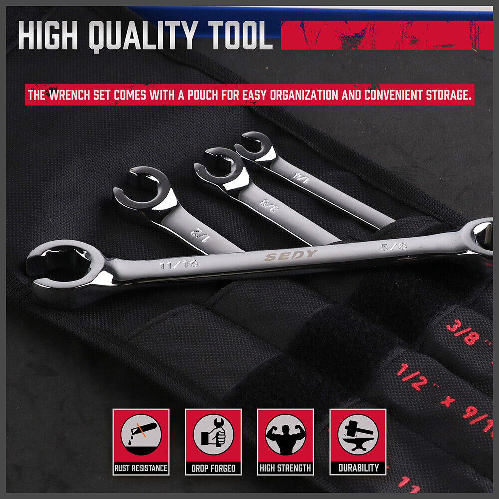 SEDY 4Pc Flare Nut Spanner Set SAE Brake Line Wrench Offset Head Organizer Pouch 8