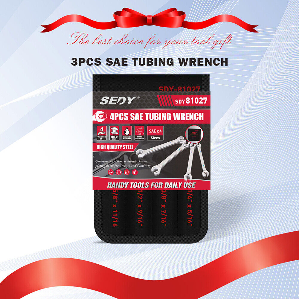 SEDY 4Pc Flare Nut Spanner Set SAE Brake Line Wrench Offset Head Organizer Pouch 10