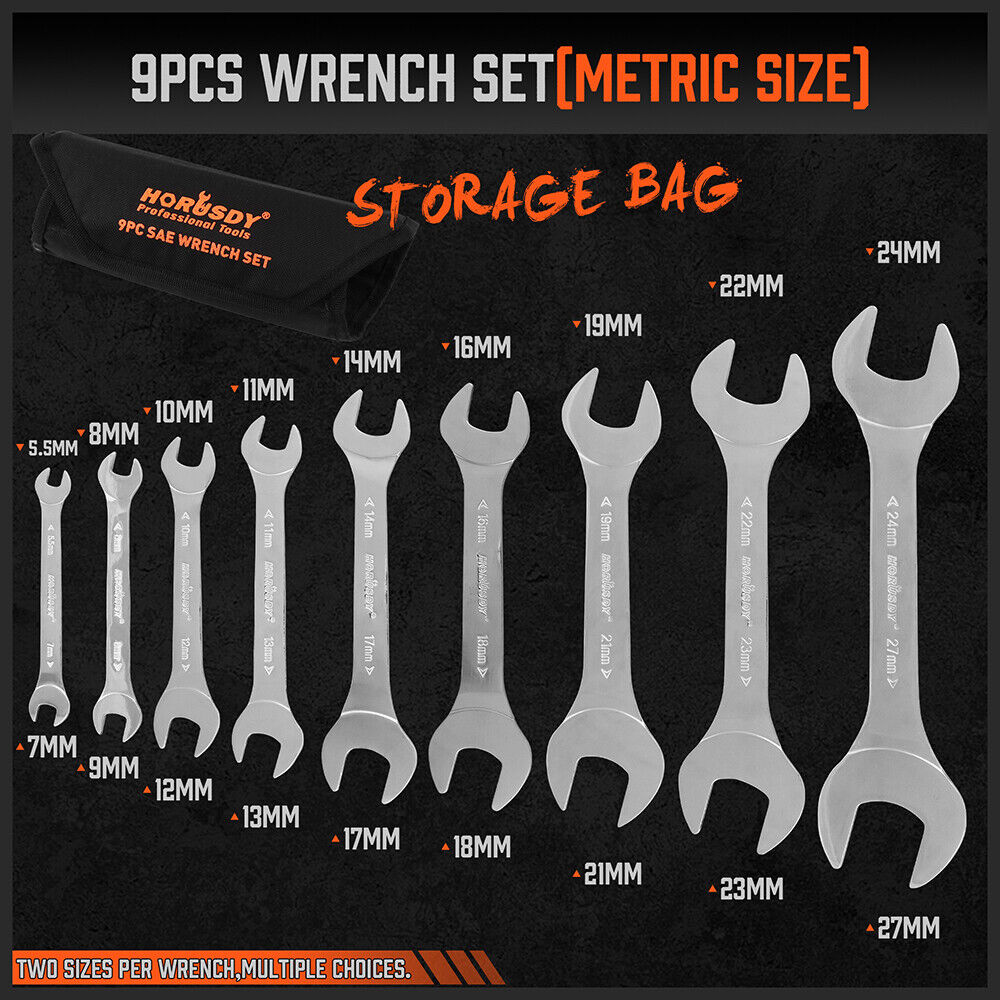 HORUSDY Super Thin 18Pc Wrench Set Open End Spanner 3mm CRV Metric & SAE w Pouch 3