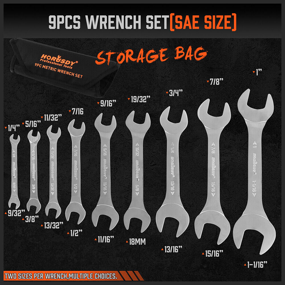 HORUSDY Super Thin 18Pc Wrench Set Open End Spanner 3mm CRV Metric & SAE w Pouch 4