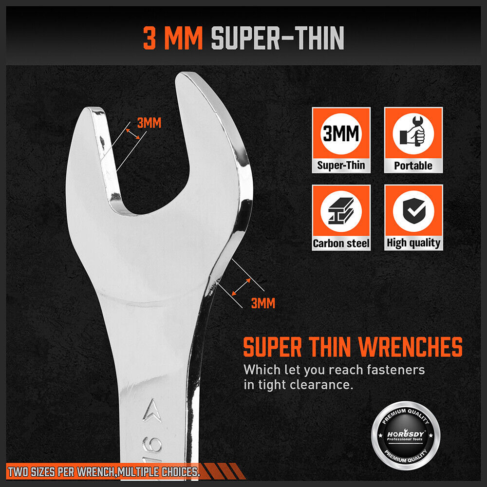 HORUSDY Super Thin 18Pc Wrench Set Open End Spanner 3mm CRV Metric & SAE w Pouch 6