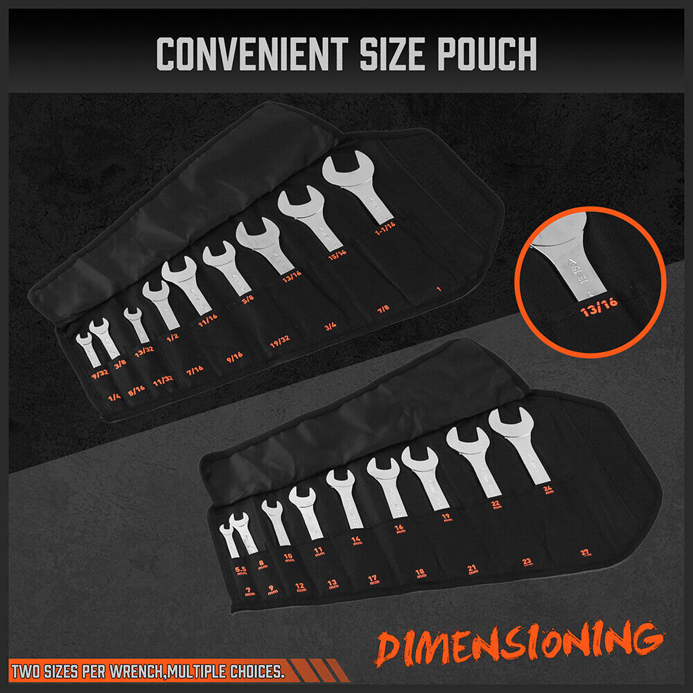 HORUSDY Super Thin 18Pc Wrench Set Open End Spanner 3mm CRV Metric & SAE w Pouch 7