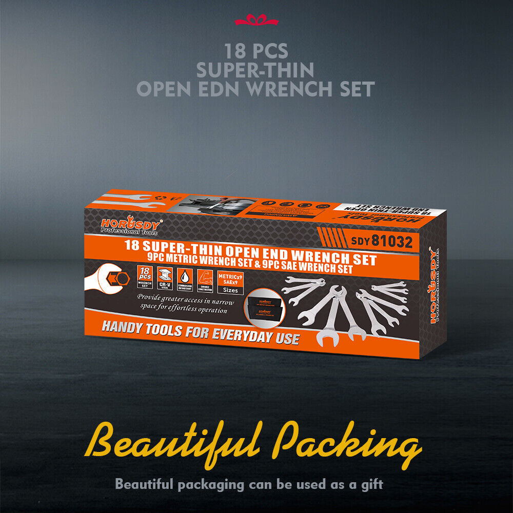 HORUSDY Super Thin 18Pc Wrench Set Open End Spanner 3mm CRV Metric & SAE w Pouch 9