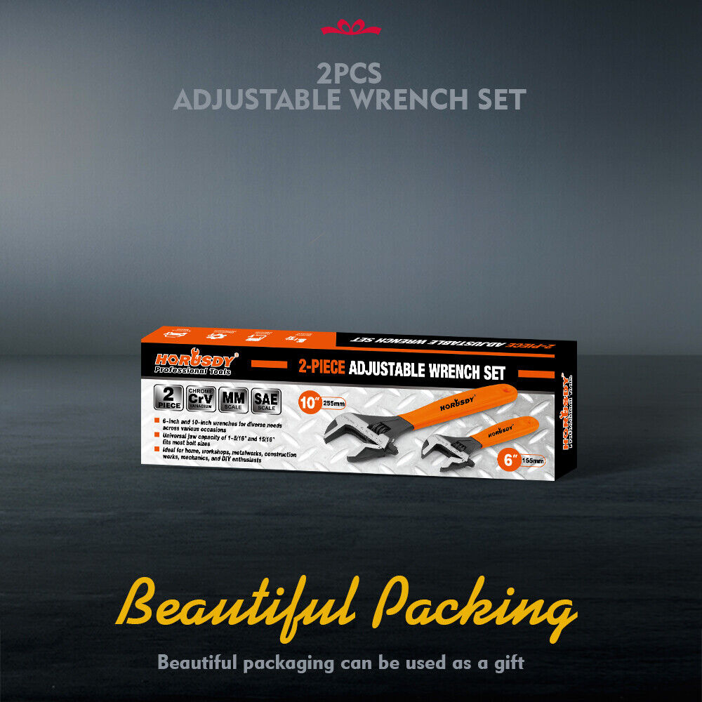 2x Adjustable Wrench Set 6" 10" Wide Jaw Spanner Cr-V Steel Workshop Metric SAE 9