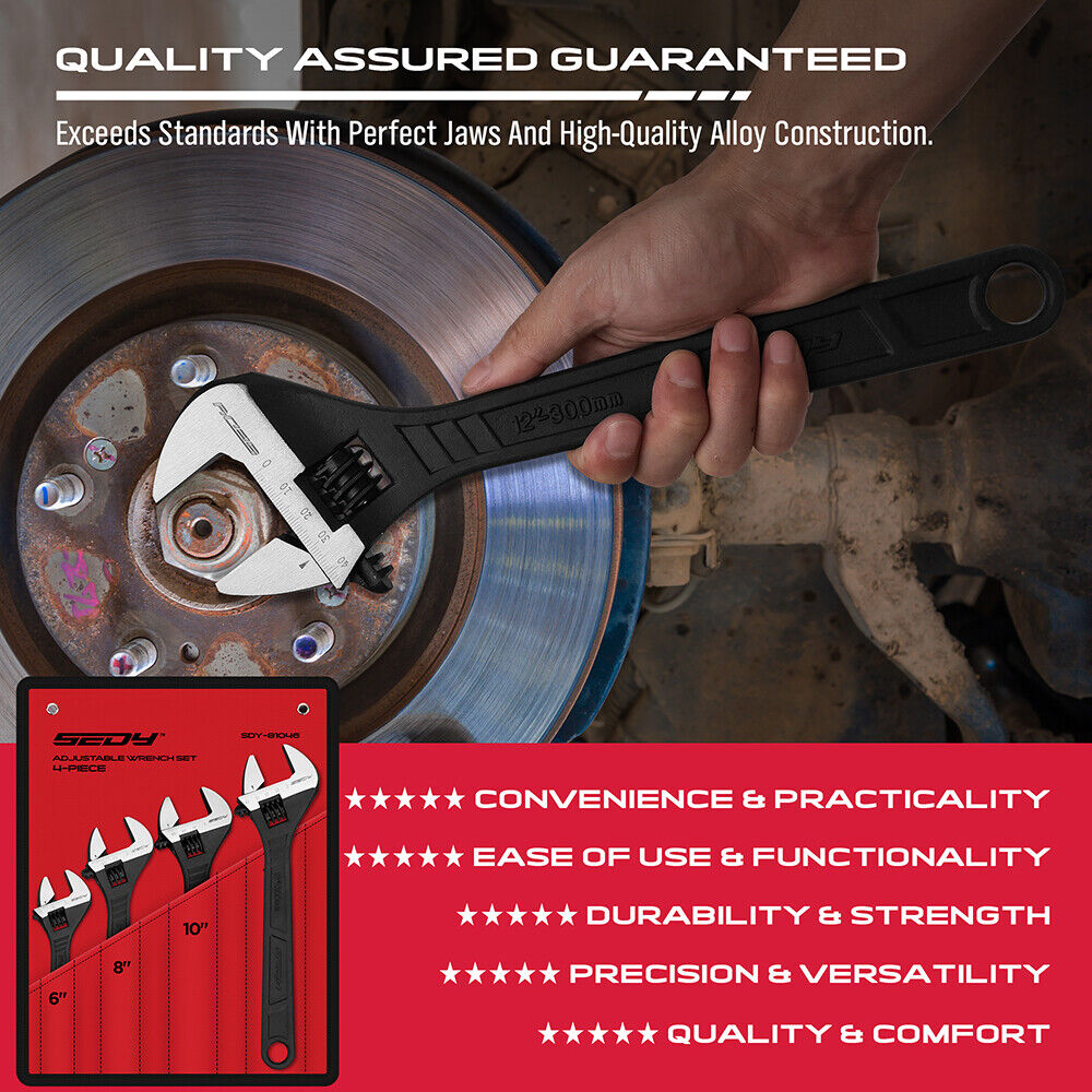 SEDY 4Pc Adjustable Wrench Set Shifter Heavy Duty SAE & Metric Household Repair 9