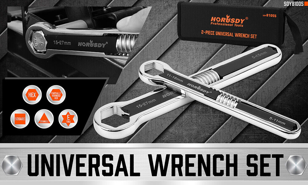 HORUSDY 2Pcs Universal Wrench Set SAE & Metric Spanner Hex E-Torx Triangle 3
