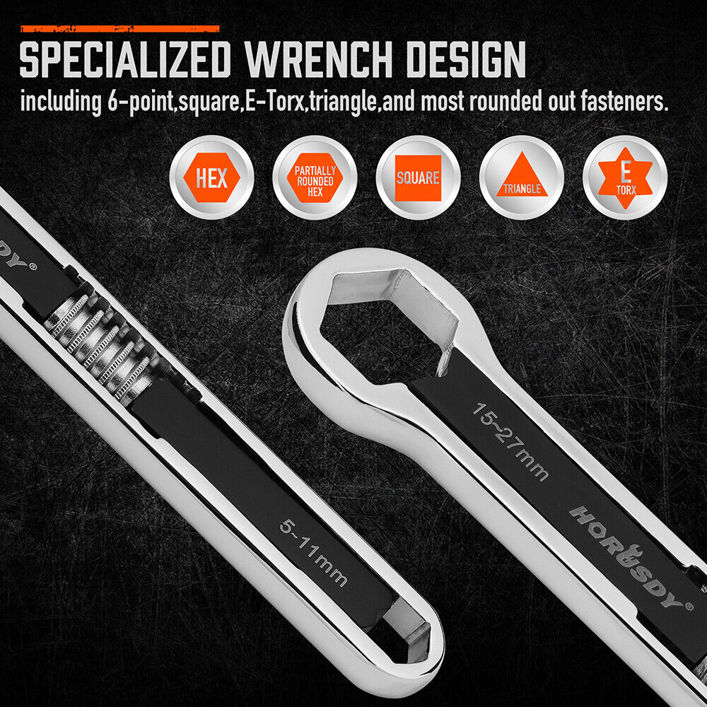 HORUSDY 2Pcs Universal Wrench Set SAE & Metric Spanner Hex E-Torx Triangle 6