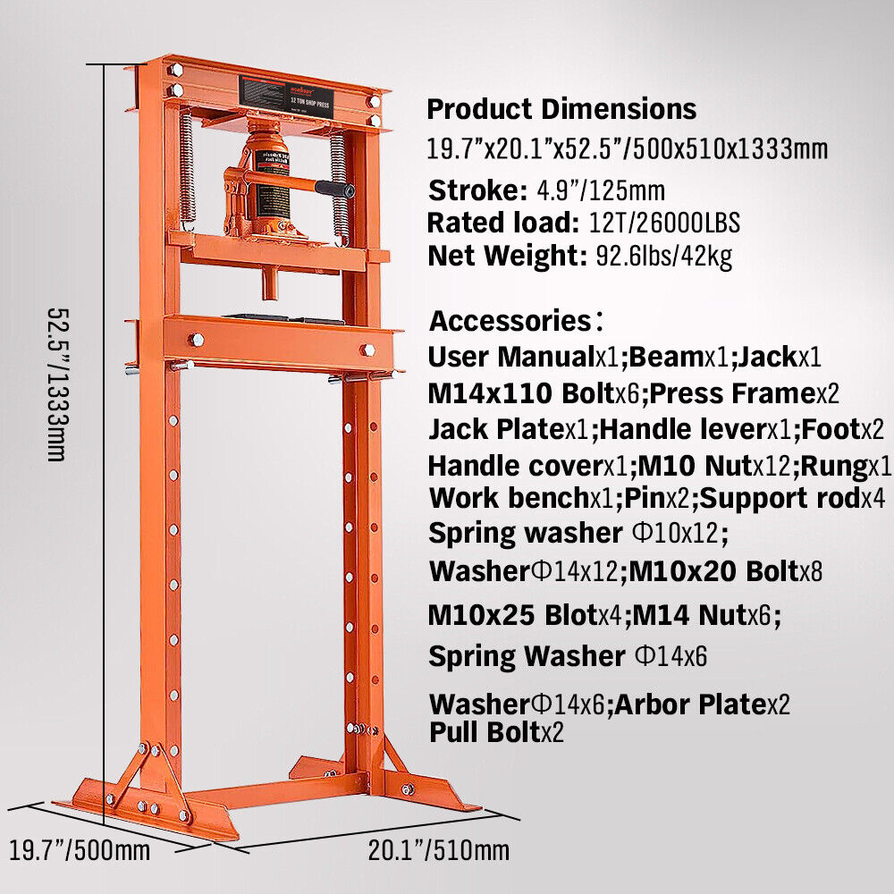 HORUSDY 12T Hydraulic Shop Press Bending H-Frame Benchtop Jack Stand Heavy Duty 5