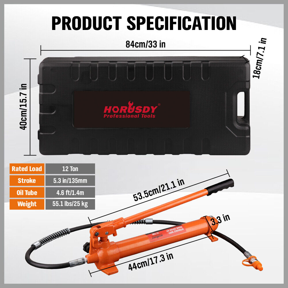 12T Porta Power Kit Hydraulic Ram Pump Oil Hose Automotive Body Repair Tool 3