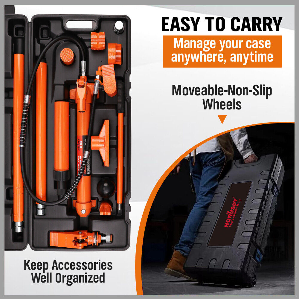 12T Porta Power Kit Hydraulic Ram Pump Oil Hose Automotive Body Repair Tool 10
