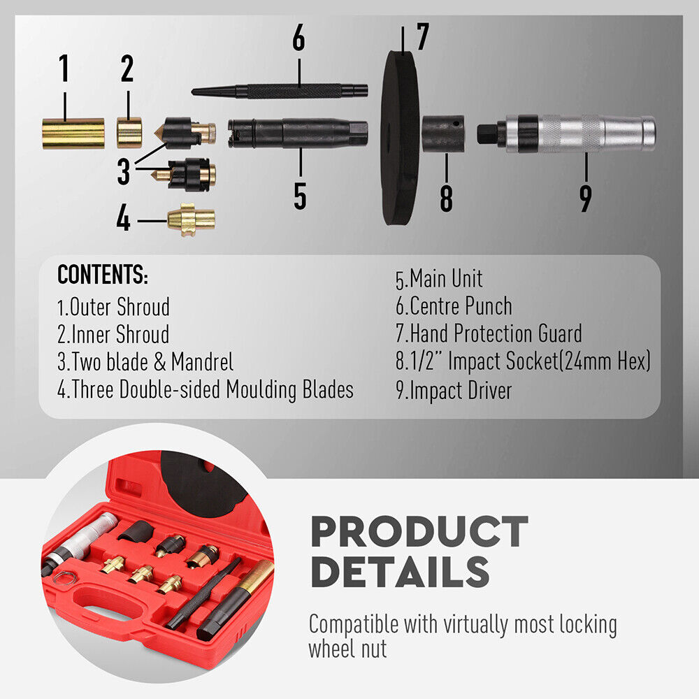 SEDY 10Pc Wheel Lock Removal Tool Kit Wheel Locking Nut Key Remover Kit With Box 6