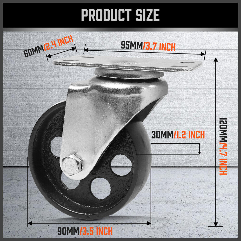 4Pc 3.5'' Heavy Duty Steel Castor Wheel Swivel Caster 500KG/EA Loading Capacity 3