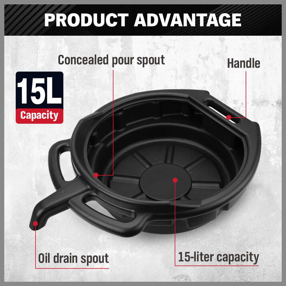 SEDY 15L Oil Change Pan Drain Tray Portable Dish Coolant Recovery Pan Black 8
