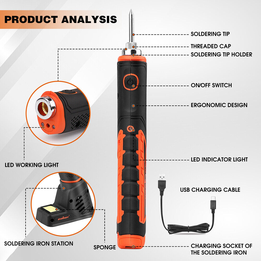 HORUSDY 8W 4V Max Cordless Soldering Iron Rechargeable with Lithium-Ion Battery 3