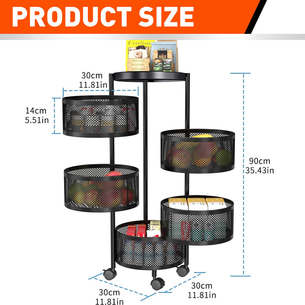 5 Tiers Kitchen Trolley Cart Wheels Round Vegetable Storage Holder Fruit Holder 3