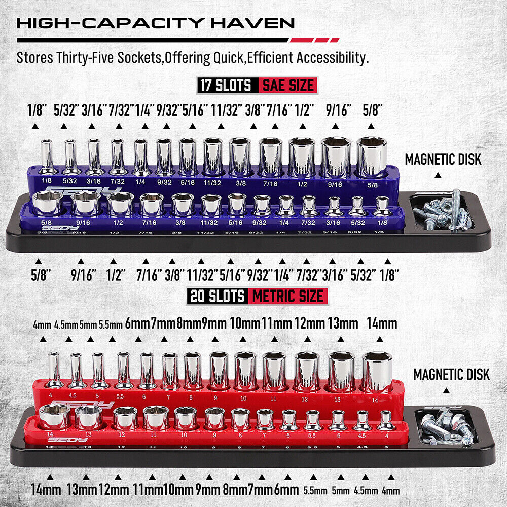 SEDY Magnetic Socket Holder Organizer Set Detachable 1/4 Drive Metric SAE Tool 7