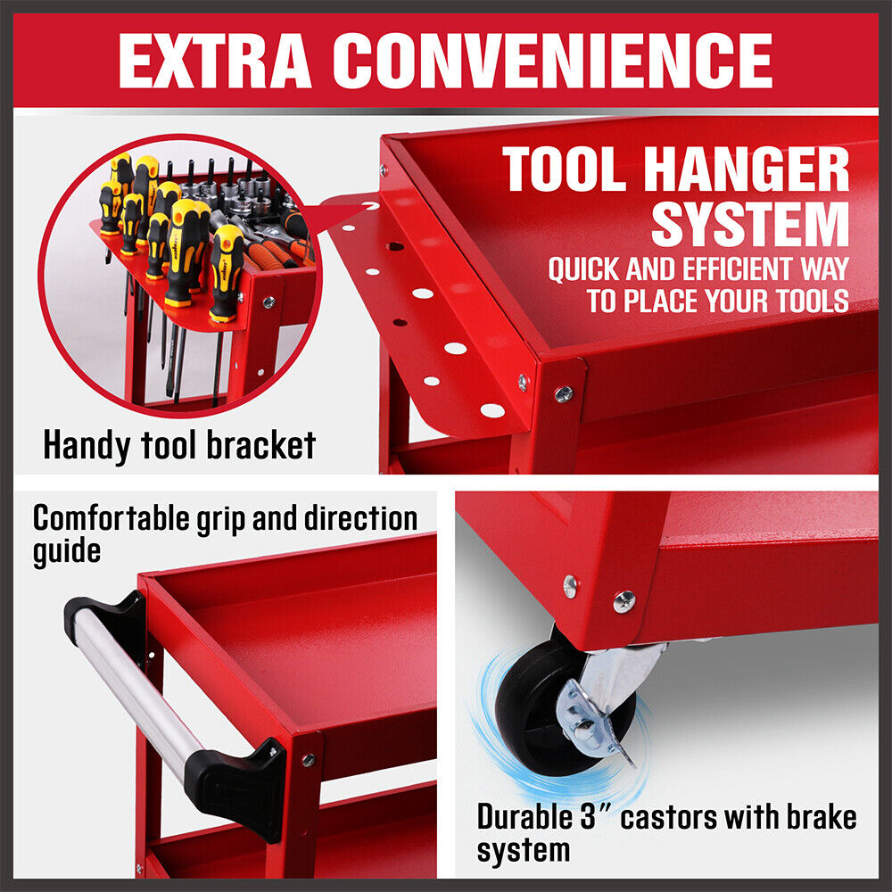 Red 3-Tier Tool Cart Trolley Toolbox Workshop Garage Storage 150KG Organizer Garage 8