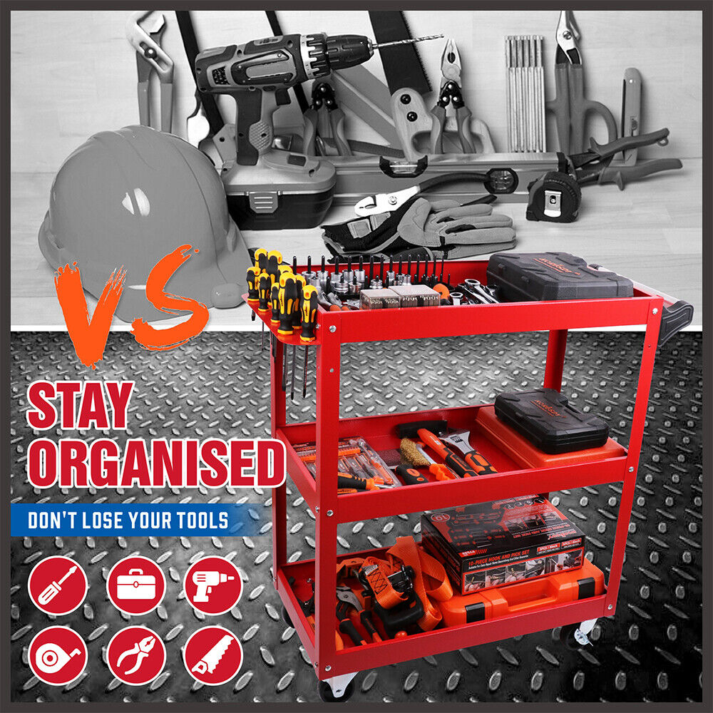 Black 3-Tier Tool Cart Trolley Toolbox Workshop Garage Storage 150KG Organizer Garage 9