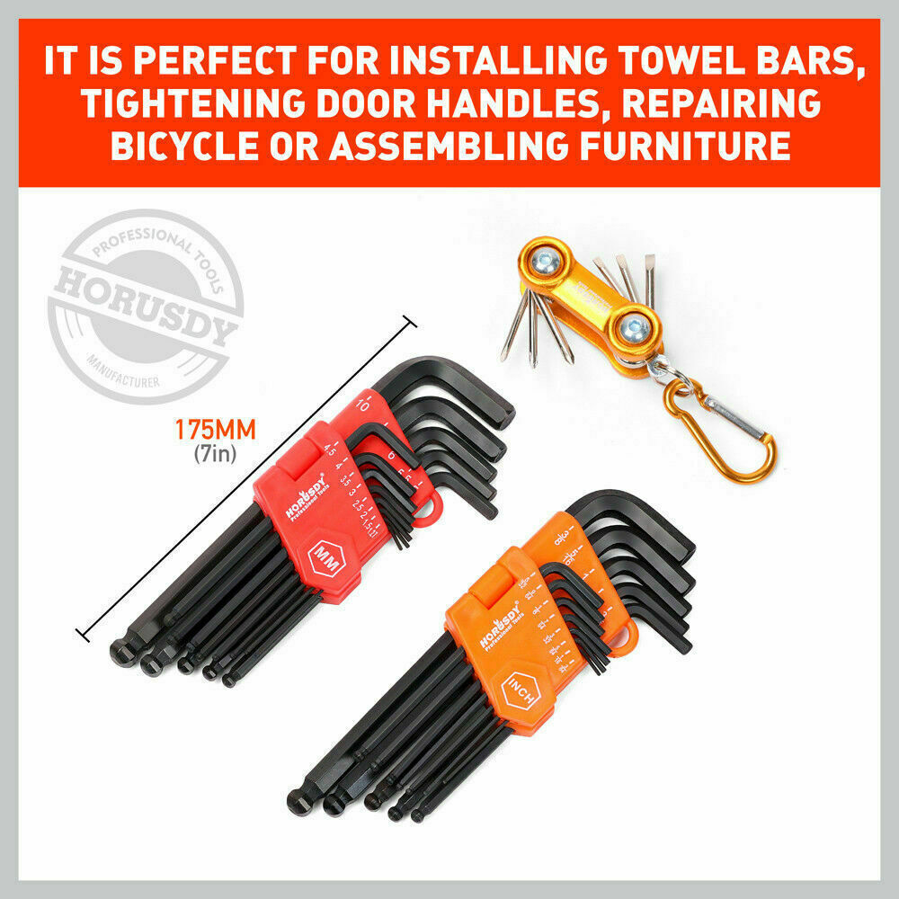 26Pc Allen Wrench Set Ball End Long Arm Hex Key Metric & Imperial With Holders 8