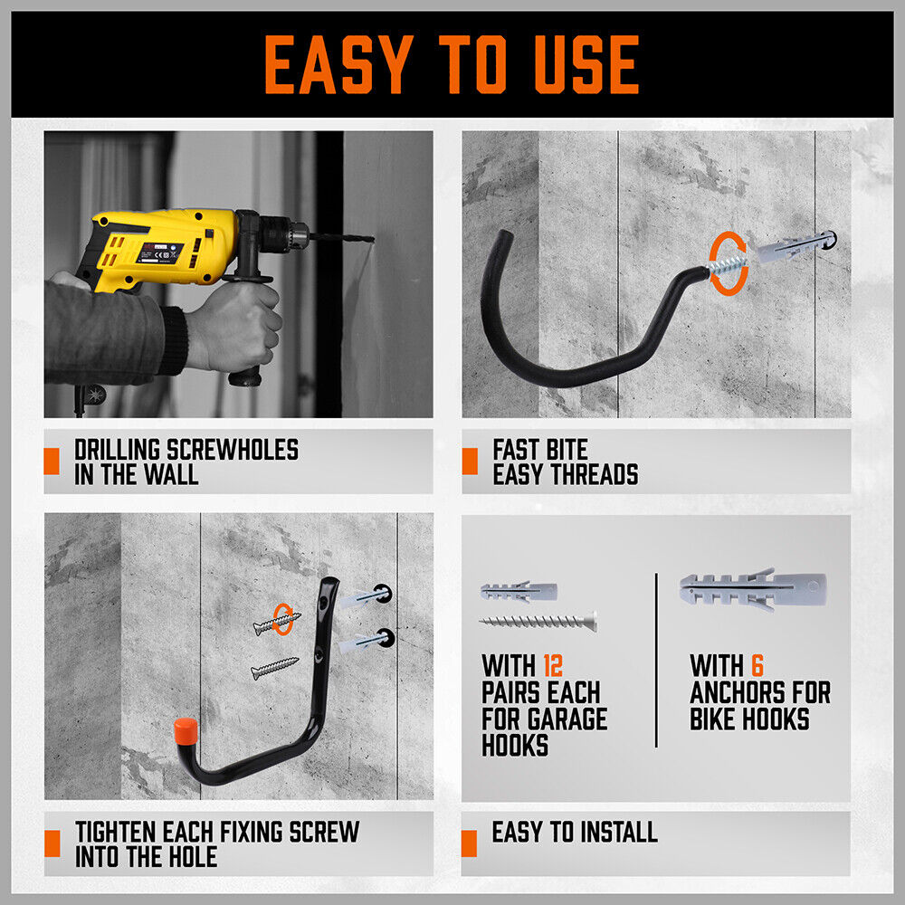 12Pc Wall Mount Hooks Set Heavy Duty Steel Garage Storage Rack Utility Hangers 7