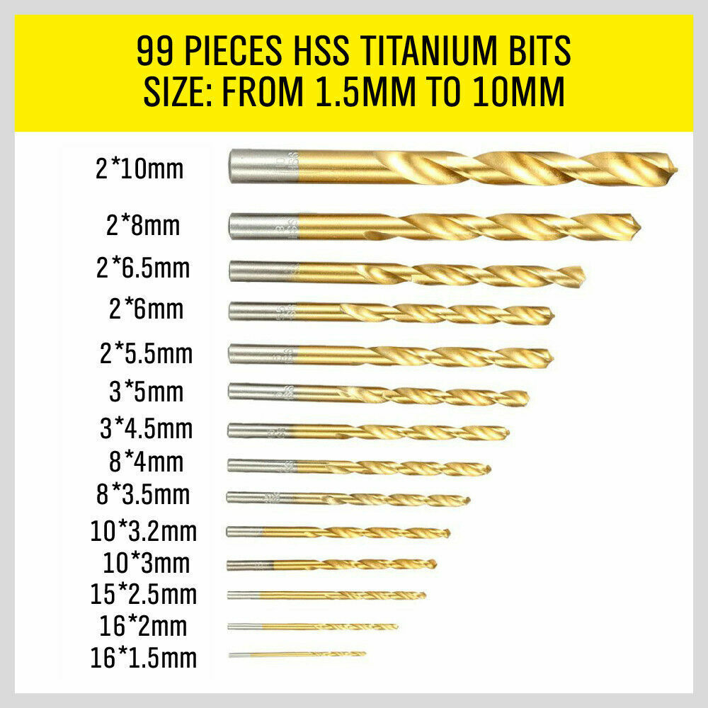 99Pc Drills Set HSS Titanium Coated Wood Plastic Metal Metric 1.5-10mm With Case 6