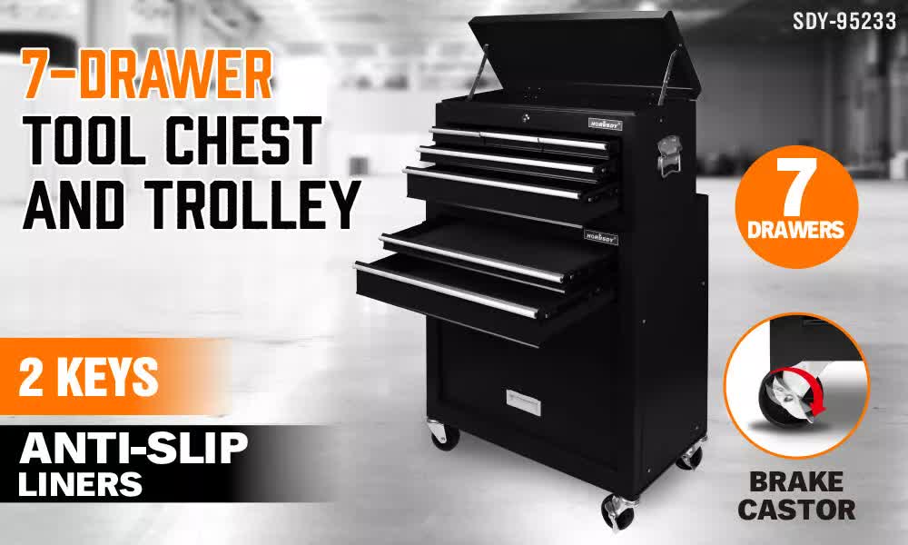 Black Tool Box 7 Drawer Chest Cabinet Trolley Toolbox Garage Storage Lockable Brake 3