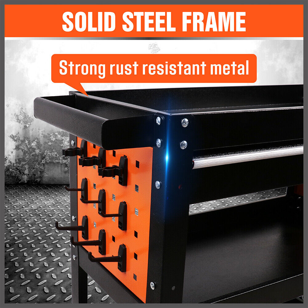 3-Tier Drawer Tool Storage Trolley Workshop Cart Steel Chest w/t Pegboard Hooks 3