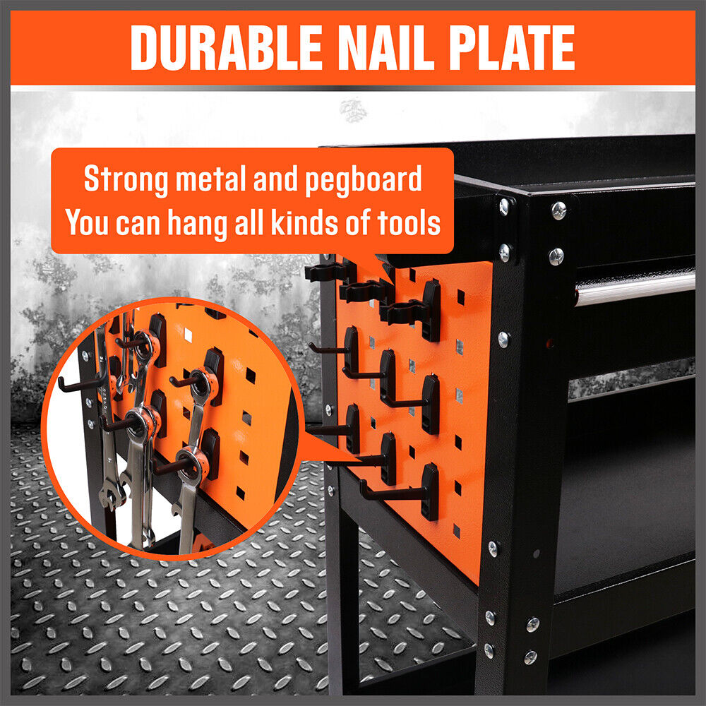 3-Tier Drawer Tool Storage Trolley Workshop Cart Steel Chest w/t Pegboard Hooks 4