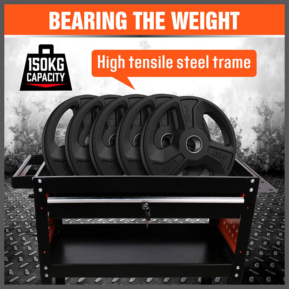 3-Tier Drawer Tool Storage Trolley Workshop Cart Steel Chest w/t Pegboard Hooks 5