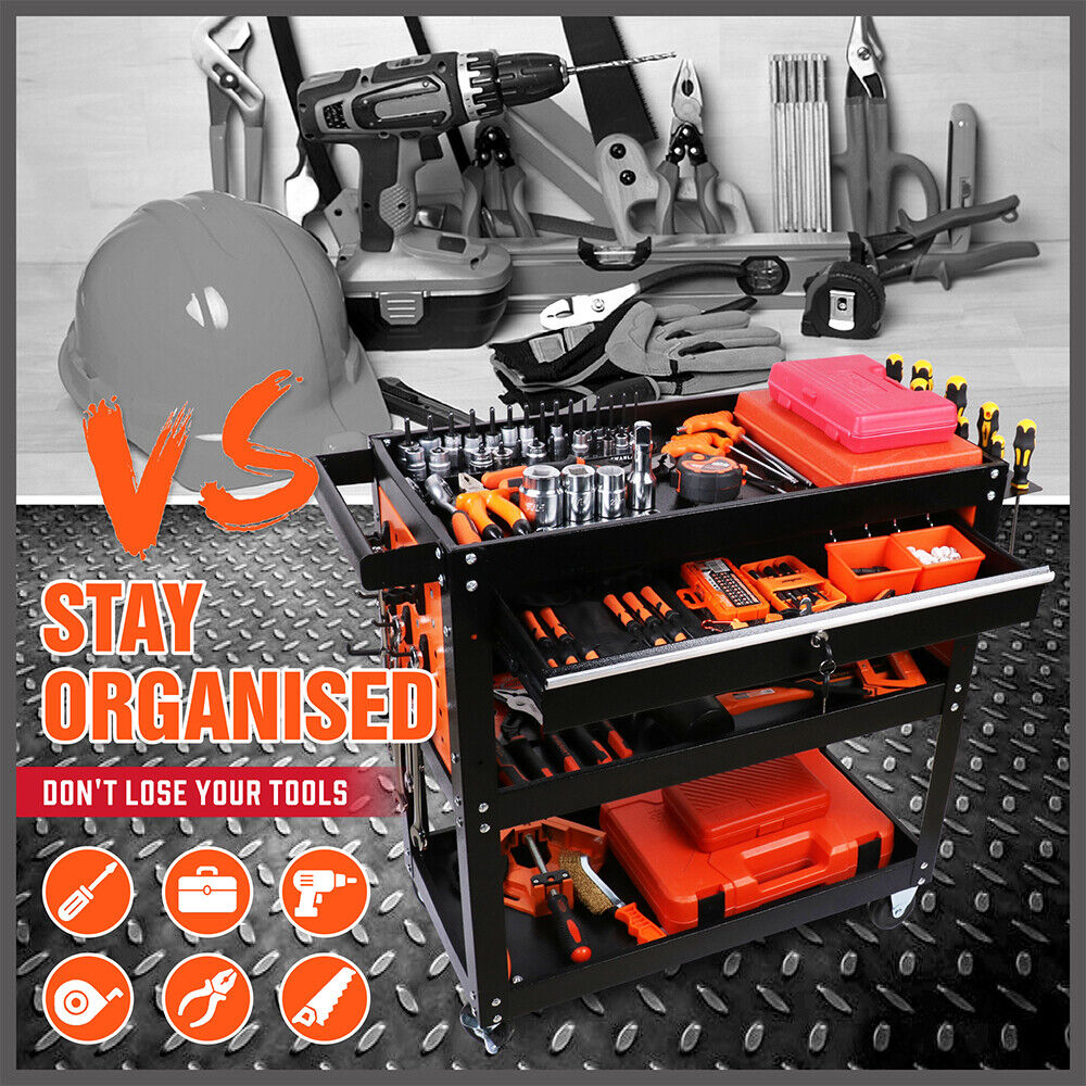 3-Tier Drawer Tool Storage Trolley Workshop Cart Steel Chest w/t Pegboard Hooks 6