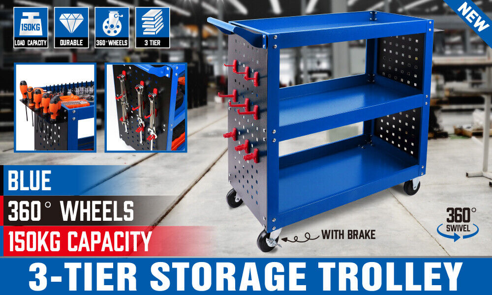 Blue 3-Tier Tool Cart Storage Trolley Toolbox Workshop Garage Organiser 150kg Blue 3