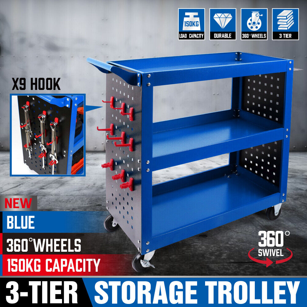 Blue 3-Tier Tool Cart Storage Trolley Toolbox Workshop Garage Organiser 150kg Blue 4
