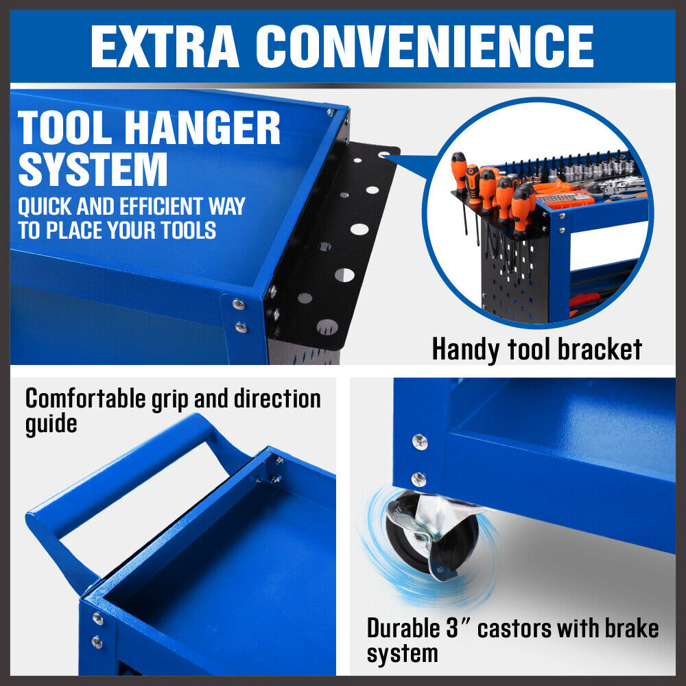 Blue 3-Tier Tool Cart Storage Trolley Toolbox Workshop Garage Organiser 150kg Blue 9