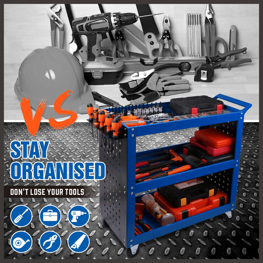 Blue 3-Tier Tool Cart Storage Trolley Toolbox Workshop Garage Organiser 150kg Blue 10