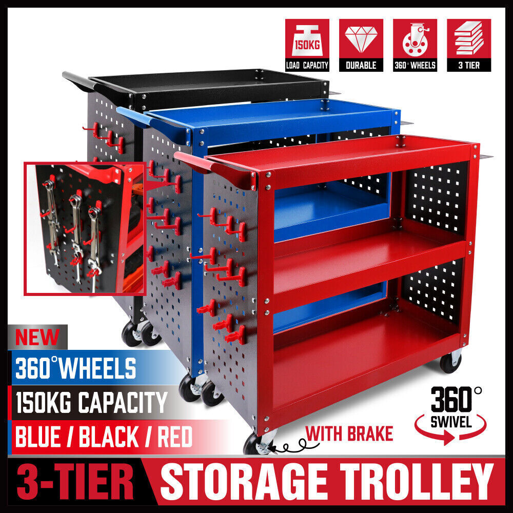 Red 3-Tier Tool Cart Storage Trolley Toolbox Workshop Garage Organiser 150kg Red 3