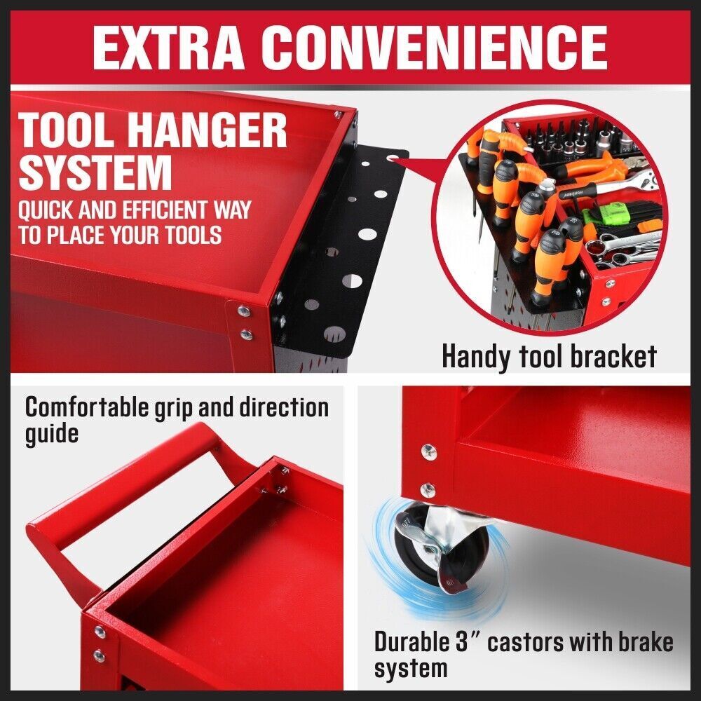 Red 3-Tier Tool Cart Storage Trolley Toolbox Workshop Garage Organiser 150kg Red 7