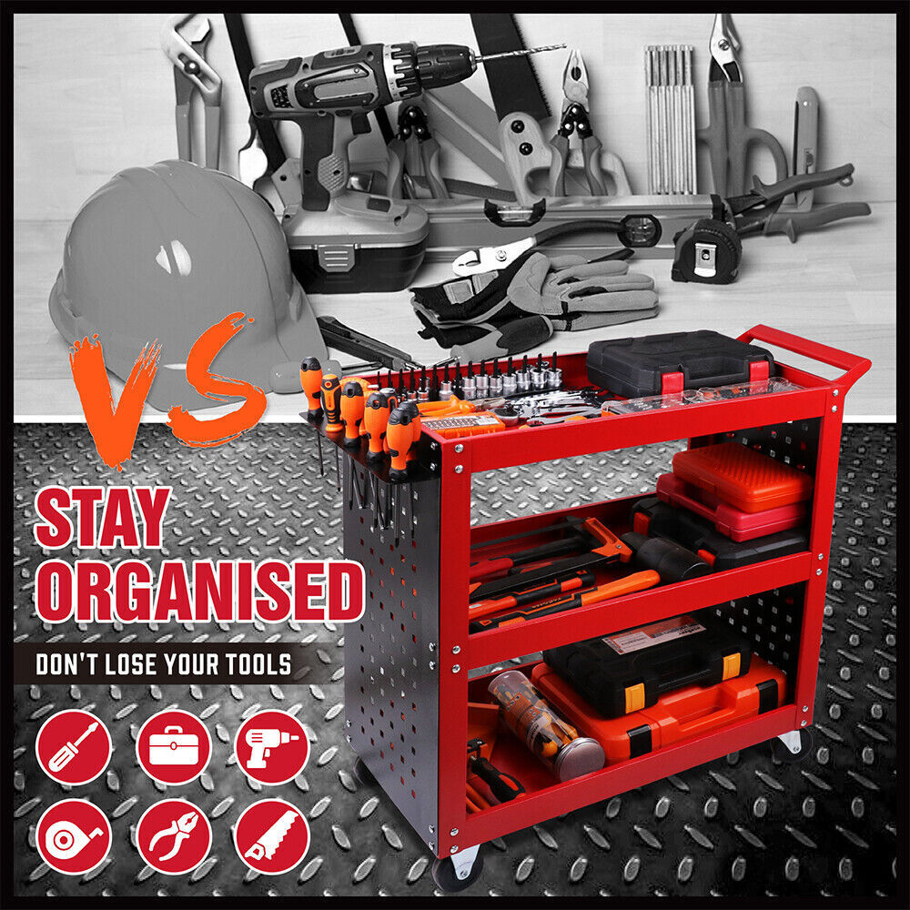 Red 3-Tier Tool Cart Storage Trolley Toolbox Workshop Garage Organiser 150kg Red 8