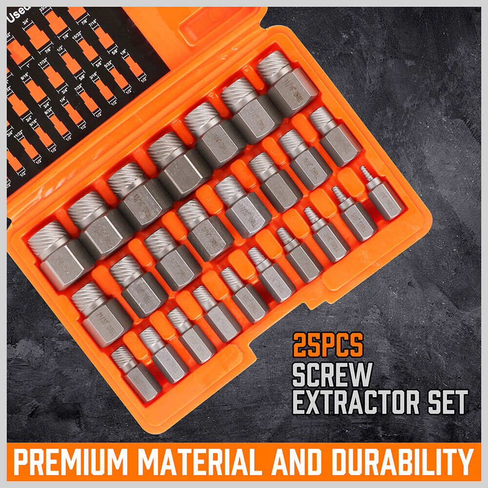 25Pc Screw Extractor Set Multi-Spline Easy Out Broken Bolt Remover Tool Hex Head 3
