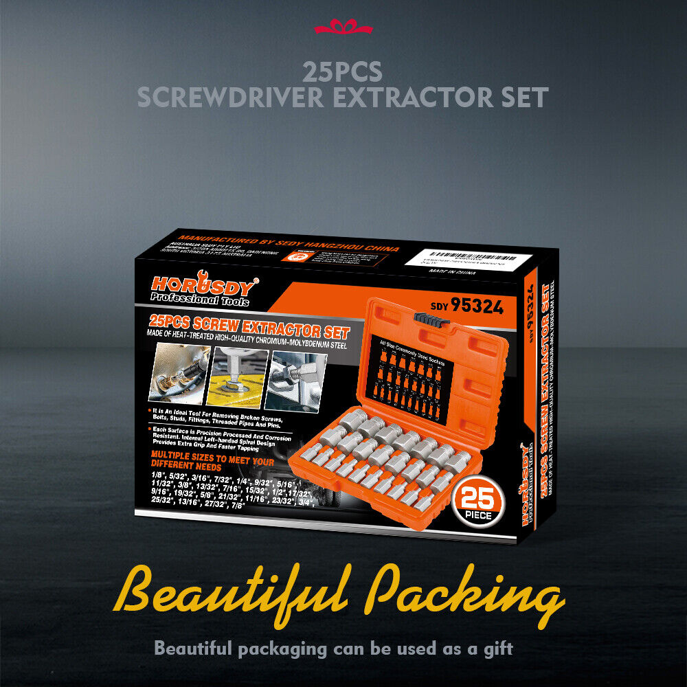 25Pc Screw Extractor Set Multi-Spline Easy Out Broken Bolt Remover Tool Hex Head 8