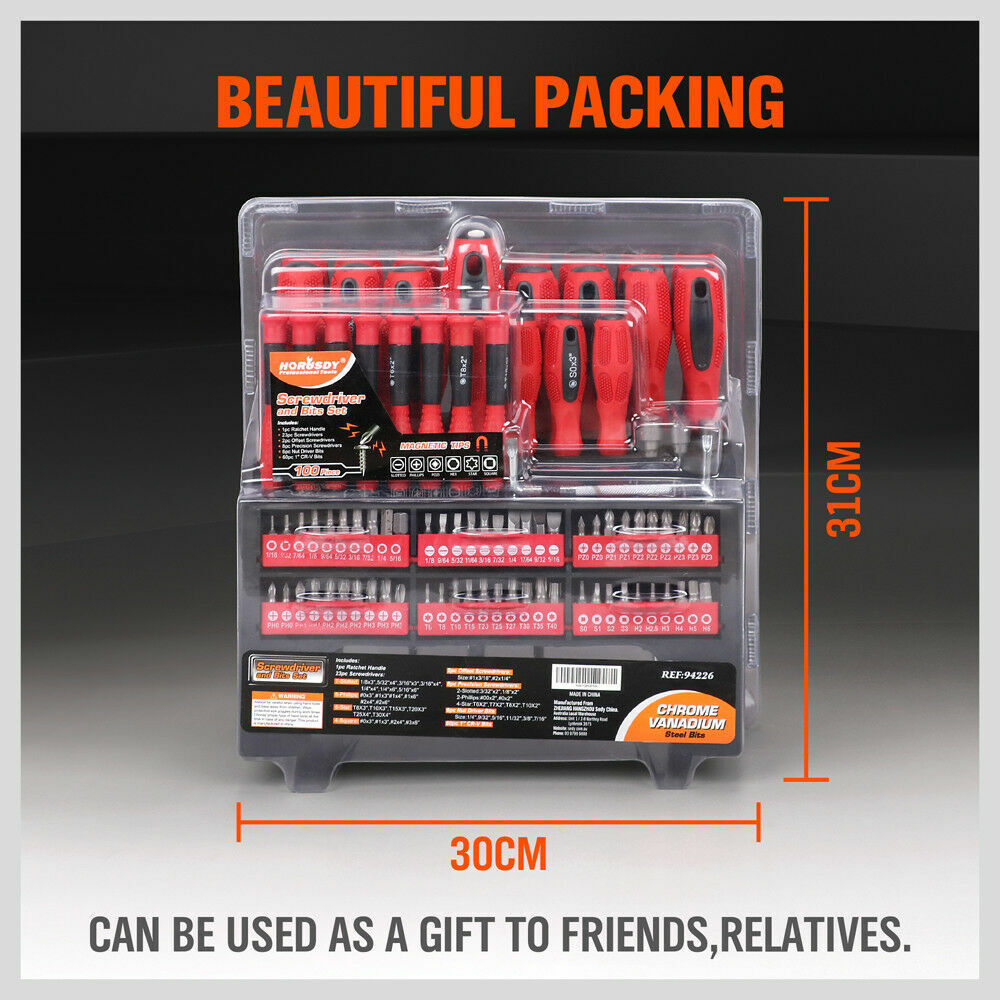 100Pc Screwdriver Set Ratchet Handle Socket Slot Pozi Hex Star Square Bits Rack 10