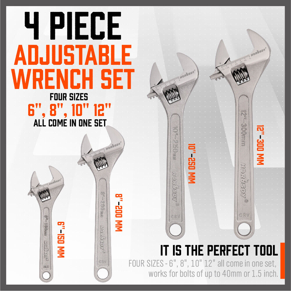 4Pc Adjustable Wrench Set Heavy Duty Shifter Spanner Wide Open Jaw 6"/8"/10"/12" 3