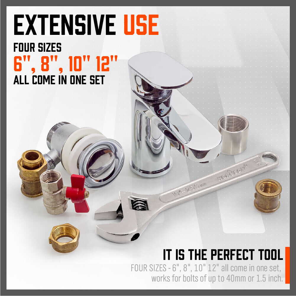 4Pc Adjustable Wrench Set Heavy Duty Shifter Spanner Wide Open Jaw 6"/8"/10"/12" 6