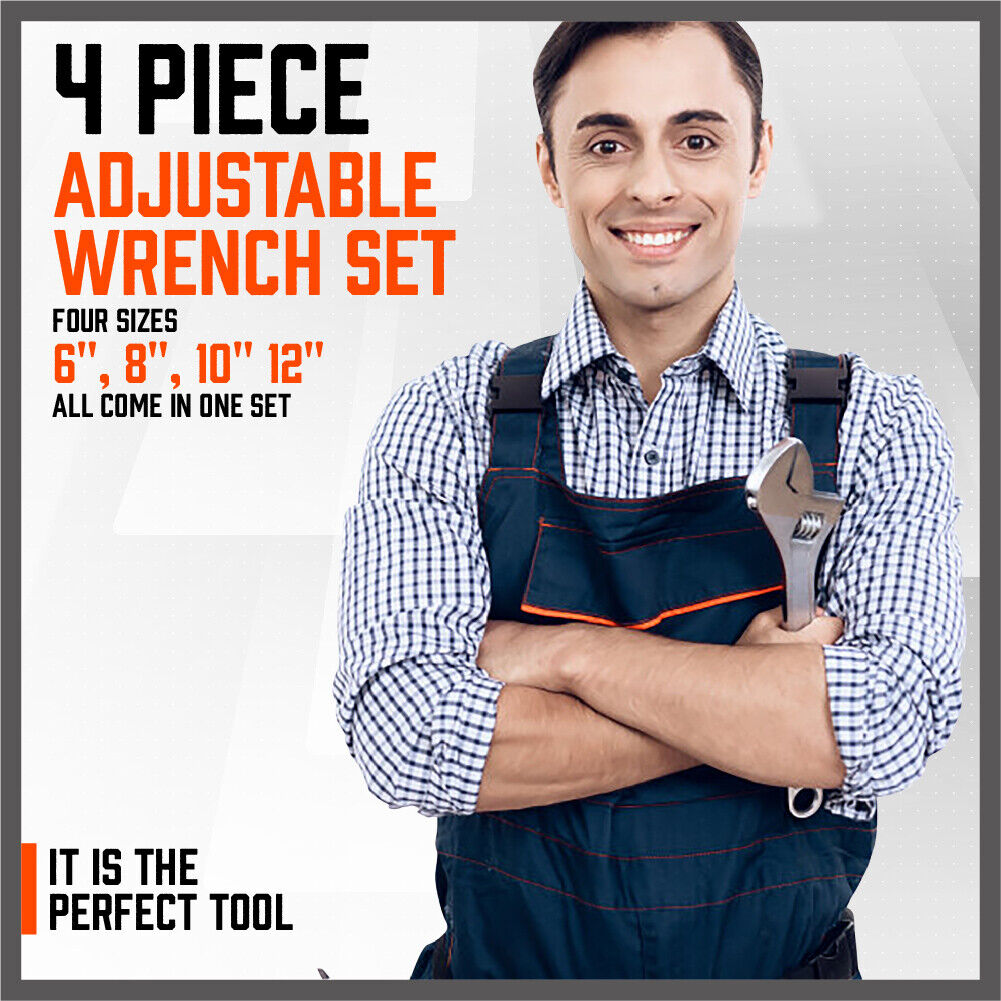 4Pc Adjustable Wrench Set Heavy Duty Shifter Spanner Wide Open Jaw 6"/8"/10"/12" 7